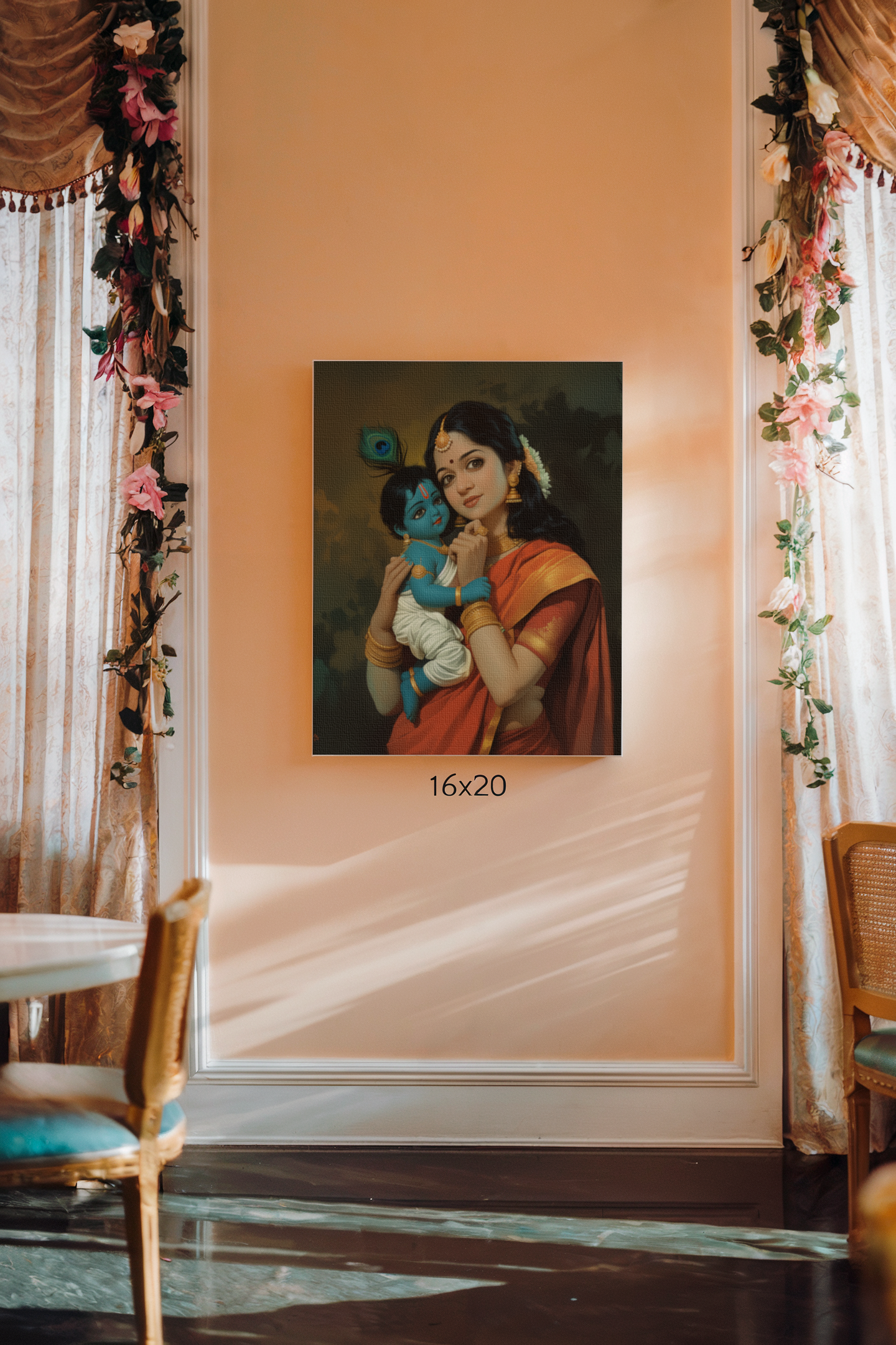 Krishna and Yashoda Digital Painting on Canvas – Divine Motherly Love Wall Art for Home & Pooja Room