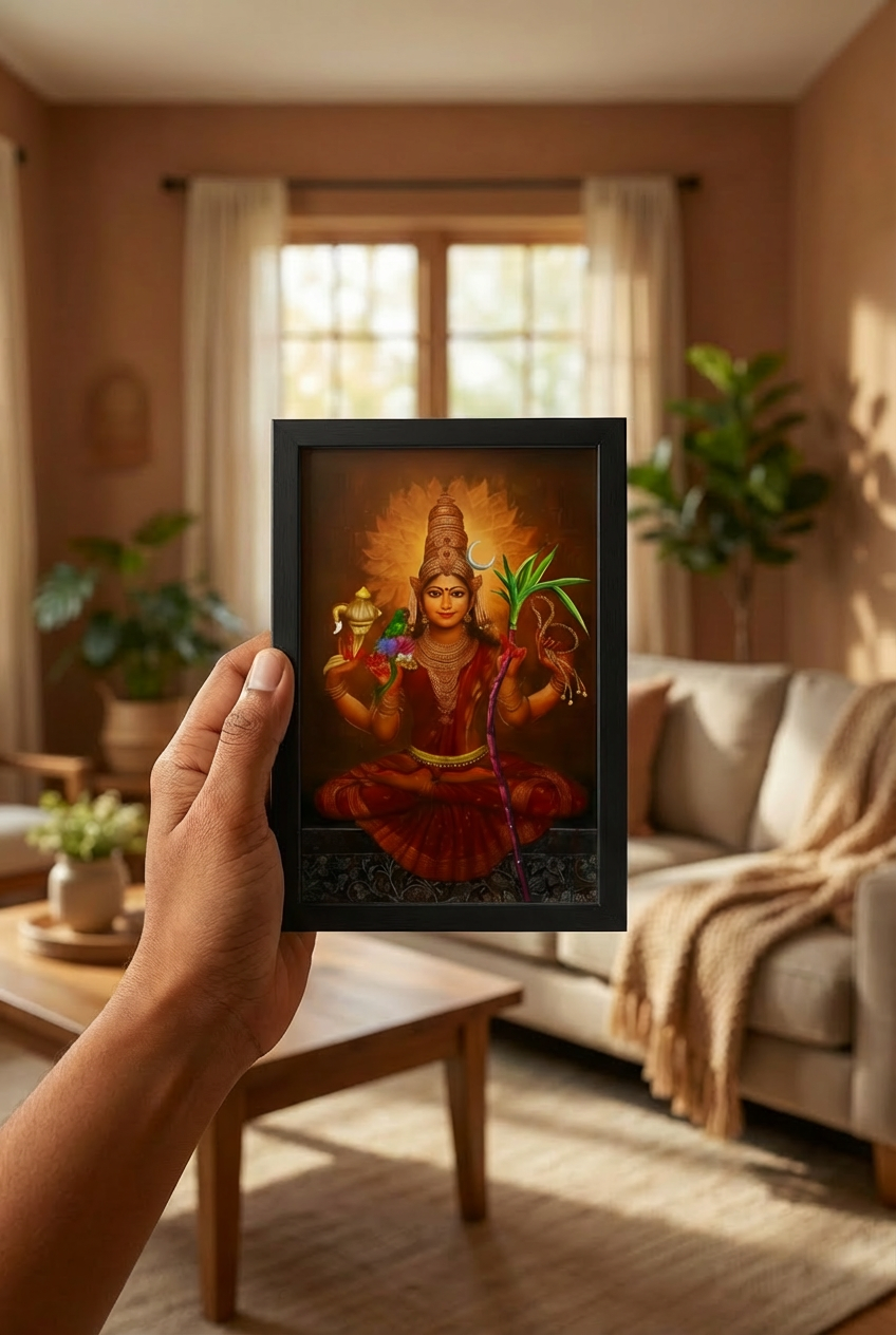 Lalitha Tripura Sundari – Kanchi Kamakshi Devi Photo Frame | 300 GSM Glossy Laminated Artboard | Vastu Divine Decor & Spiritual Gift