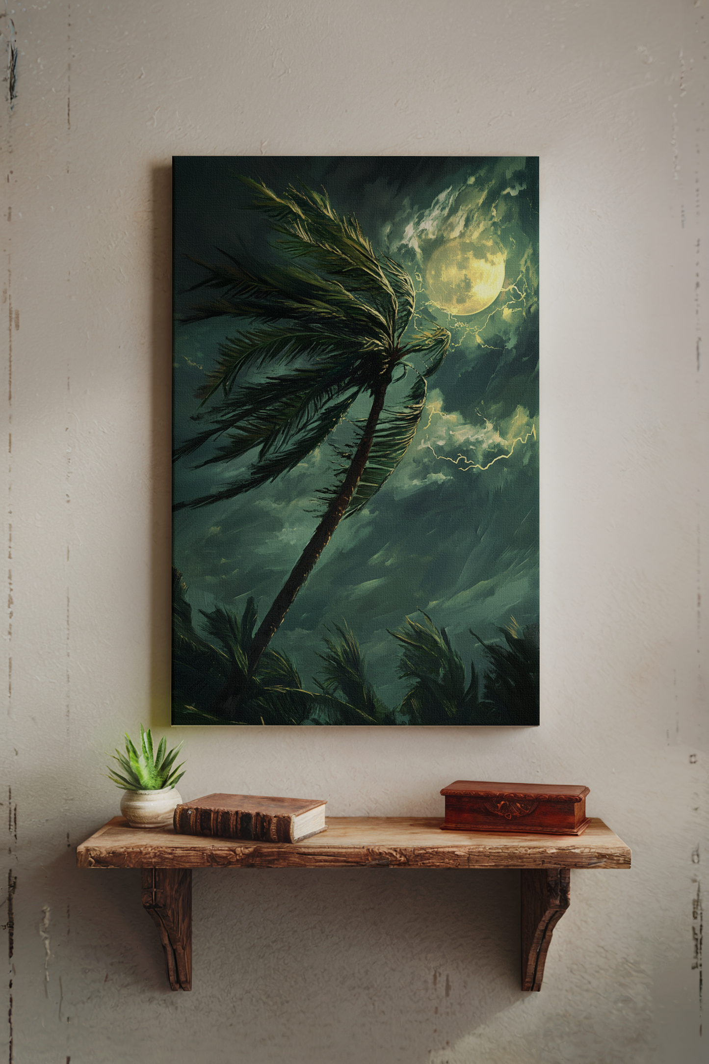 Kalpavriksha Digital Art on Canvas – Sacred Coconut Tree Painting Under a Moonlit Cloudy Night Sky for Spiritual & Vastu Home Decor