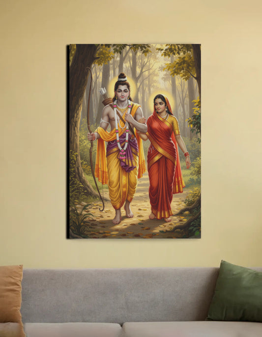 Sita Ram Canvas Wall Art | Ramayana Divine Couple | Fade-Proof PolyCanvas with Wooden Frame