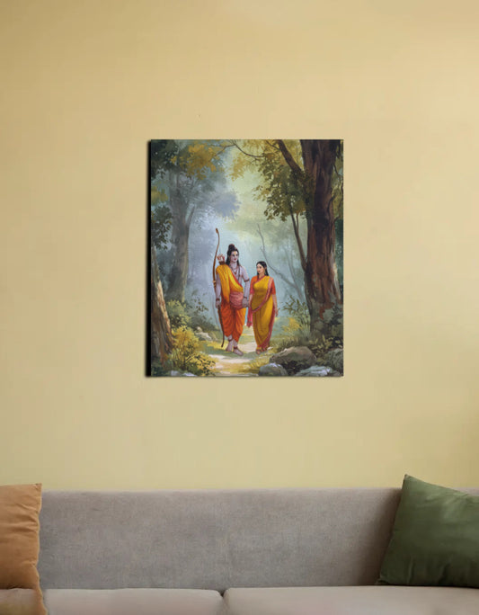 Sita Ram Canvas Wall Art | Ramayana Divine Couple Print | Spiritual PolyCanvas Frame Décor