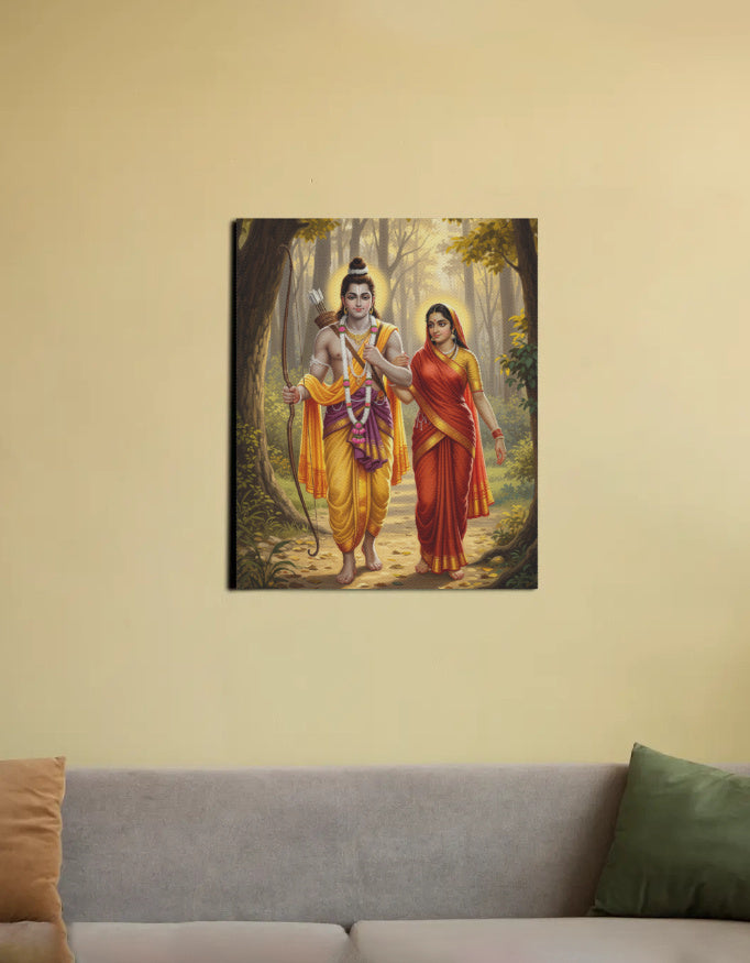 Sita Ram Canvas Wall Art | Ramayana Divine Couple | Fade-Proof PolyCanvas with Wooden Frame