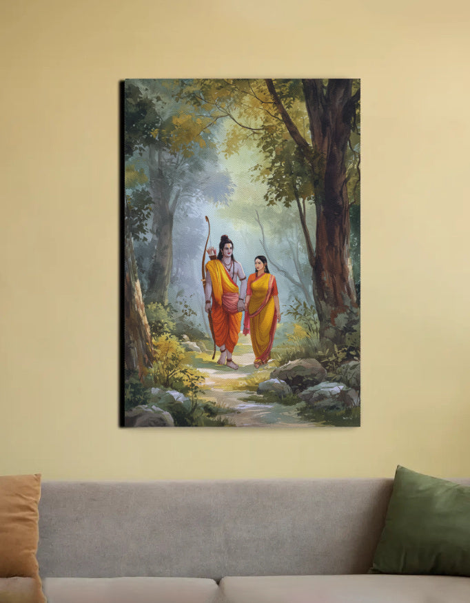 Sita Ram Canvas Wall Art | Ramayana Divine Couple Print | Spiritual PolyCanvas Frame Décor
