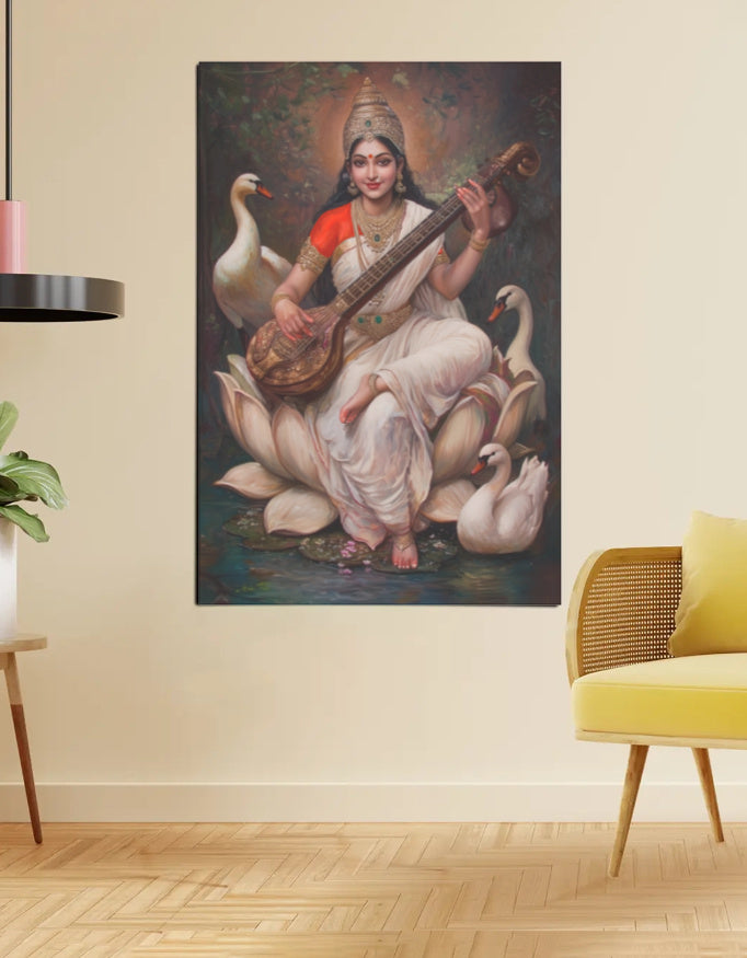 Saraswathi Devi Poster – 300 GSM Spiritual Wall Art for Wisdom and Learning | Vastu Positive Decor
