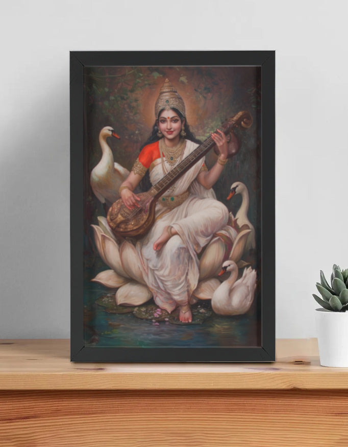 Saraswathi Devi Photo Frame | Goddess of Knowledge & Wisdom Wall Art | 300 GSM Glossy Laminated Artboard | Vastu Decorative Gift for Students & Homes