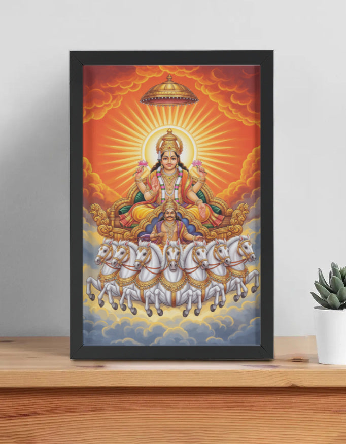 Surya Dev Photo Frame | Surya Narayana Wall Art | 300 GSM Glossy Laminated Artboard | Vastu Positive Gift for Energy & Prosperity