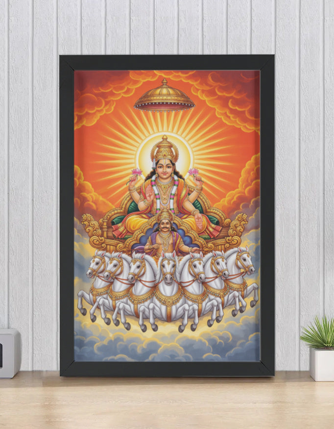 Surya Dev Photo Frame | Surya Narayana Wall Art | 300 GSM Glossy Laminated Artboard | Vastu Positive Gift for Energy & Prosperity