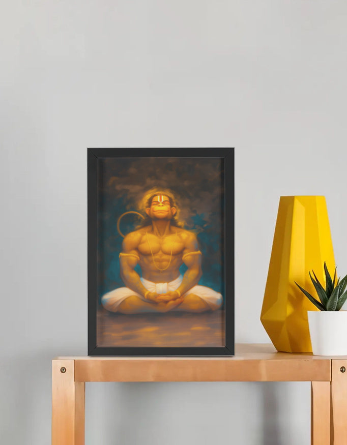 Hanuman Meditating Photo Frame | Frame with Glossy Print Protection | Spiritual Decor for Pooja Rooms and Meditation Spaces