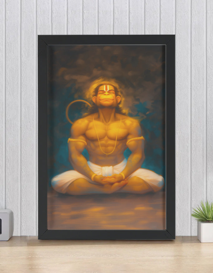 Hanuman Meditating Photo Frame | Frame with Glossy Print Protection | Spiritual Decor for Pooja Rooms and Meditation Spaces