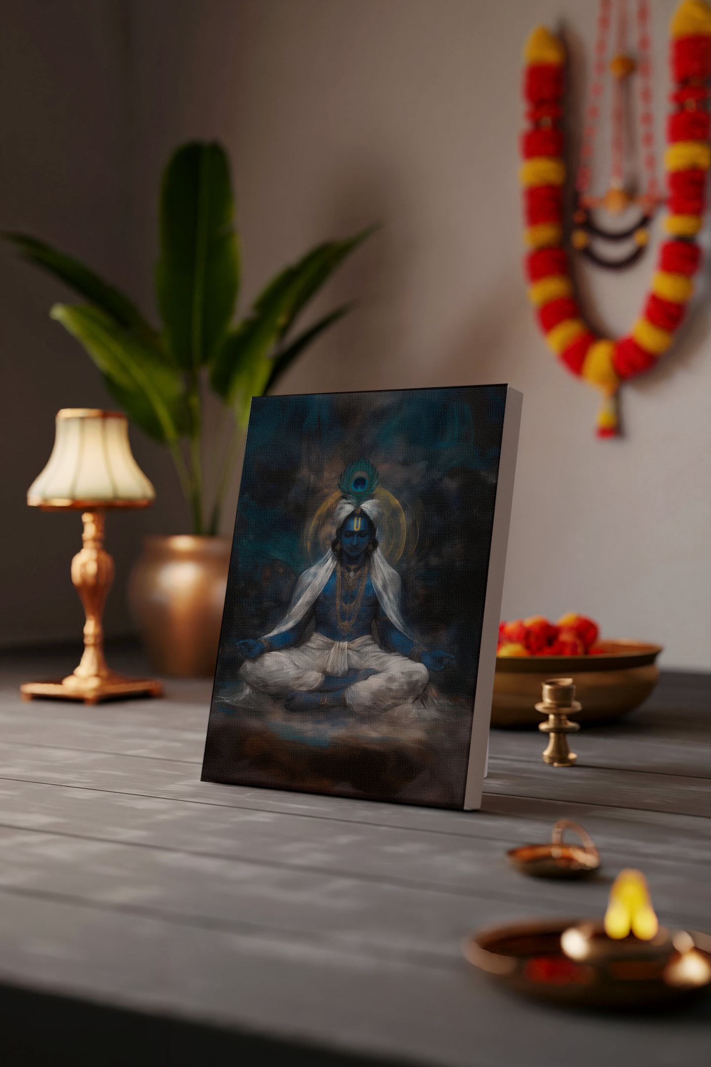 Sri Krishna in Meditation Digital Painting on Canvas – Divine Wall Art for Peace & Spiritual Awakening
