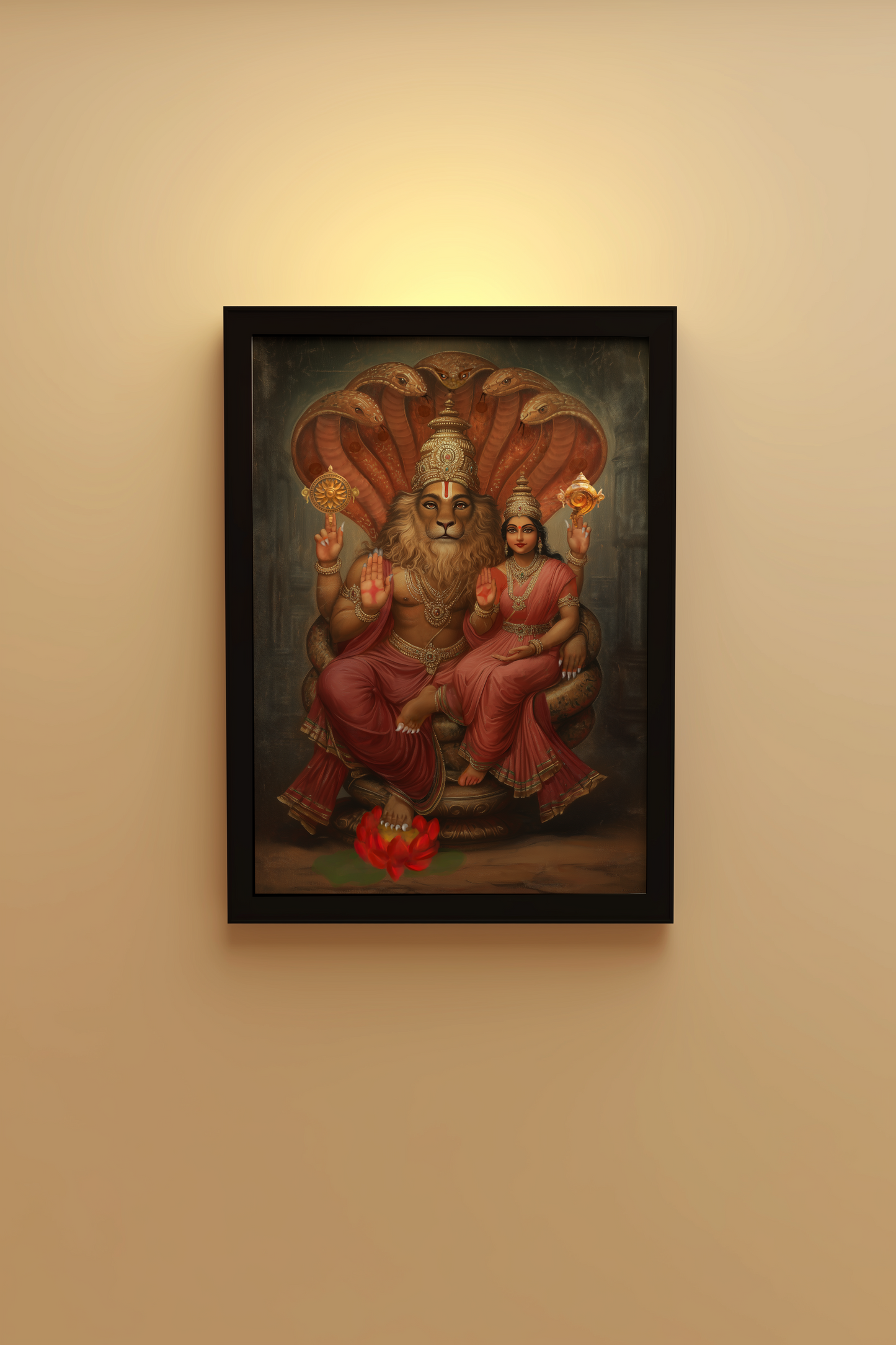 Lakshmi Narasimha Swamy Photo Frame – Vastu Divine Protector Wall Art for Strength & Harmony | Glossy Laminated Finish | Spiritual Home Decor (No Glass)