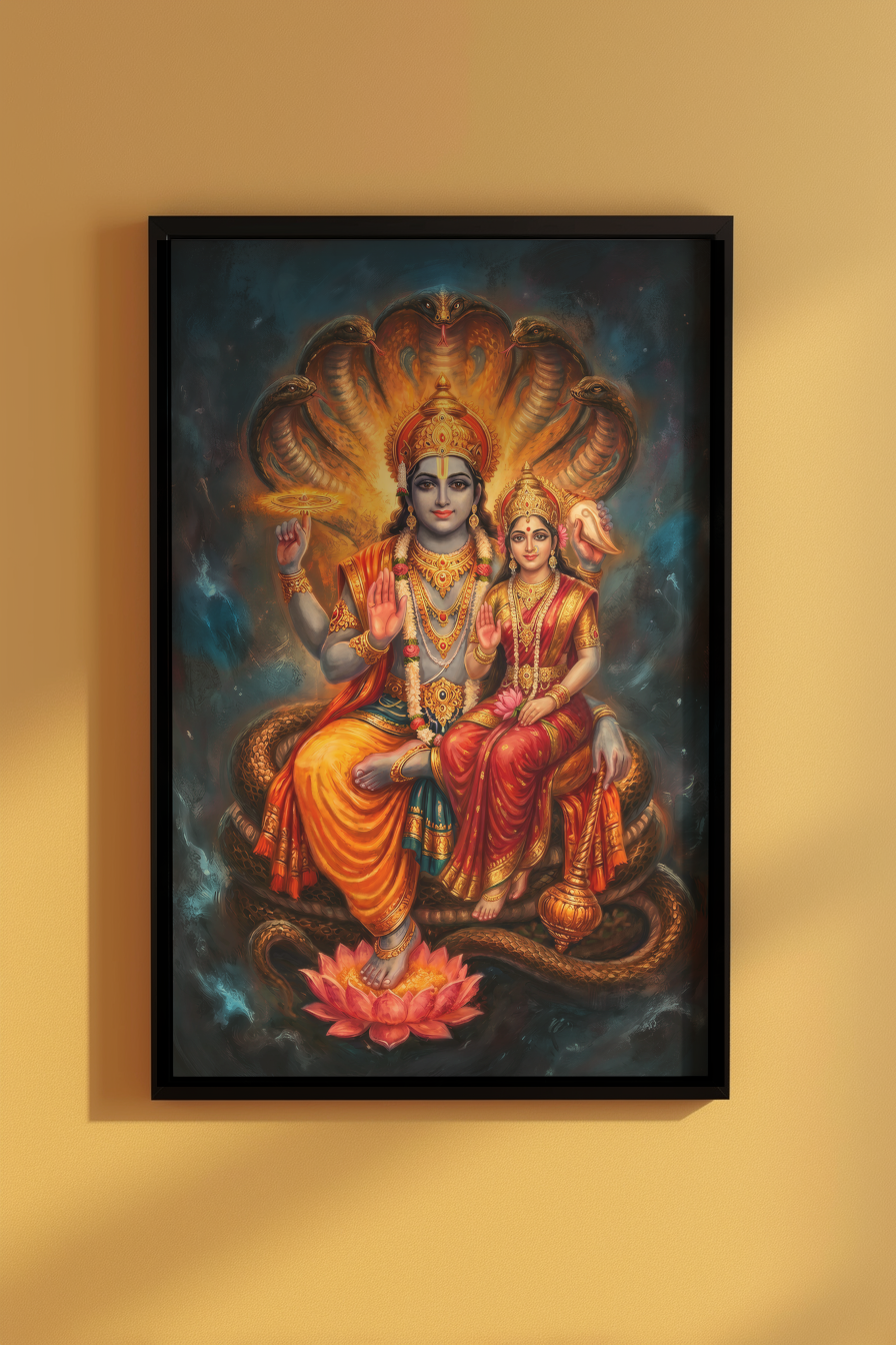 Sriman Lakshmi Narayana Photo Frame | Vishnu Lakshmi Divine Wall Art | Glossy Laminated HD Spiritual Frame for Home Temple & Vastu Prosperity