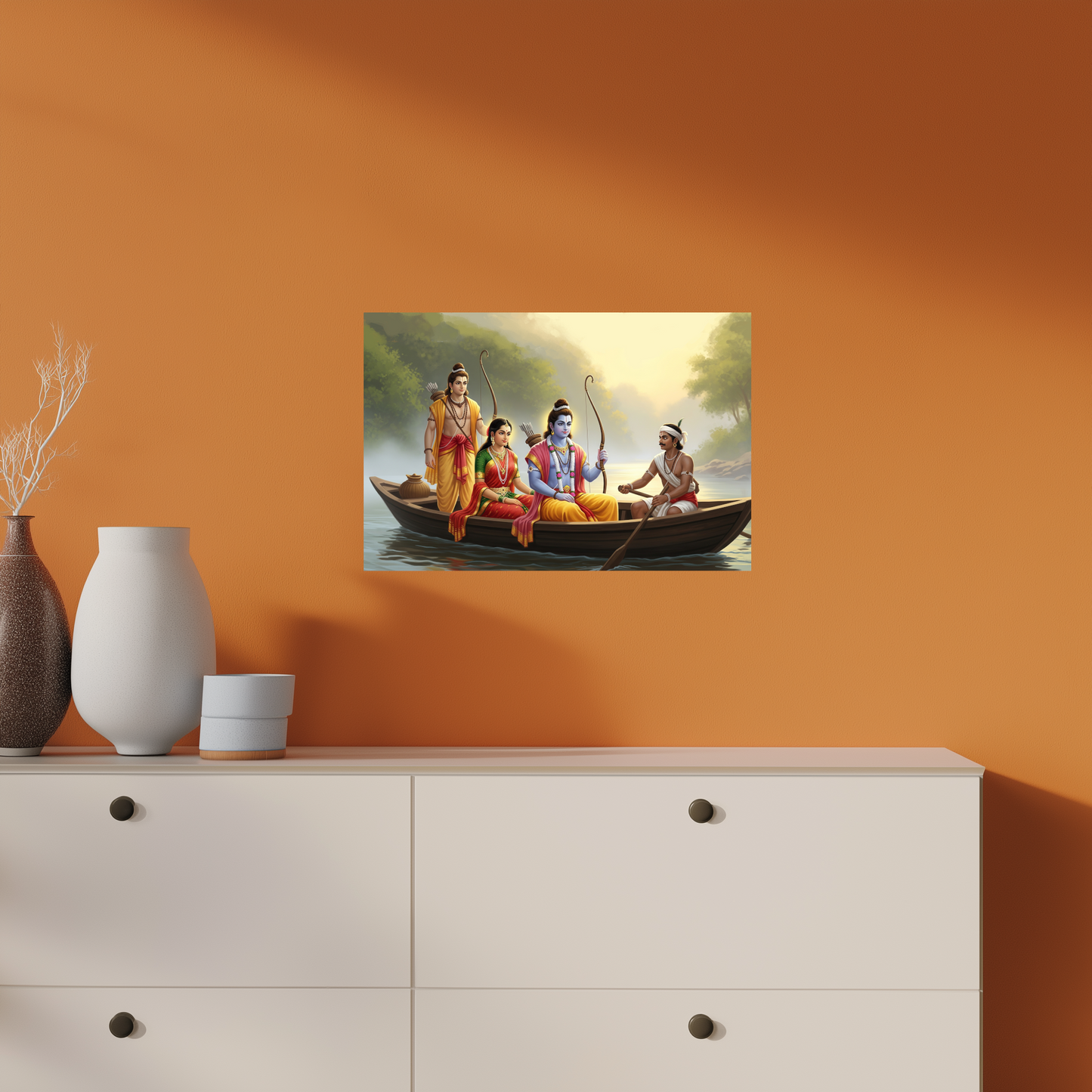 Sri Rama, Sita devi, Lakshmana with Guha in a boat Poster – Ramayana Scene poster | 300 GSM premium art poster