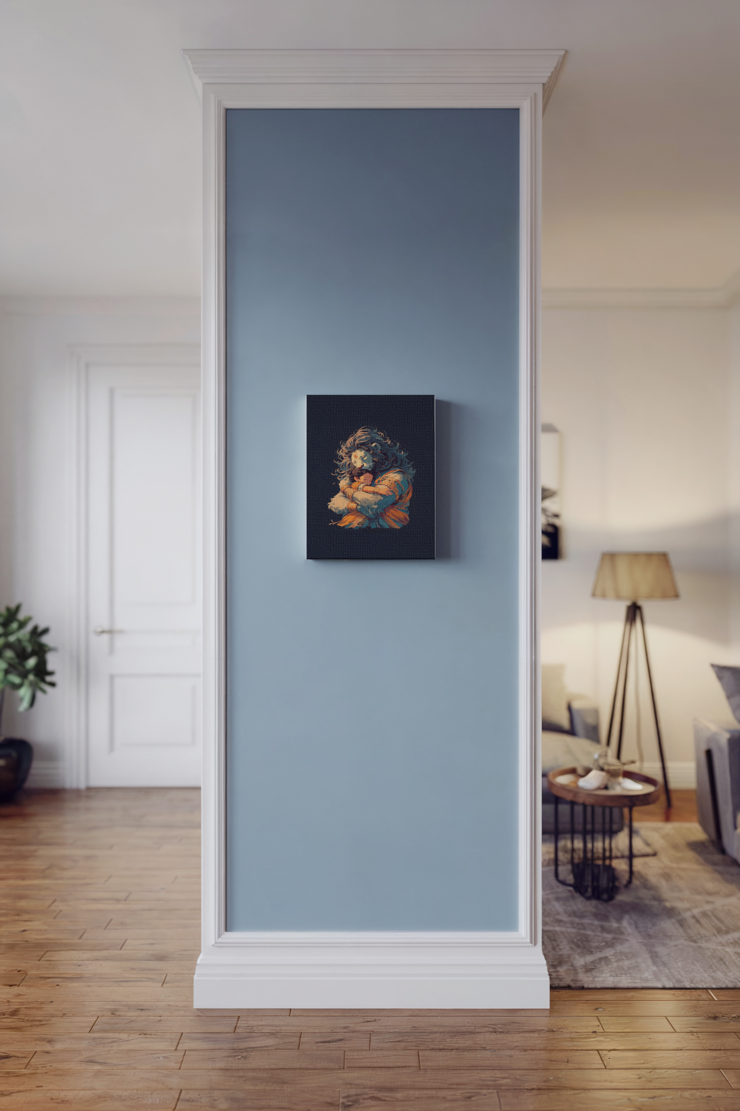 Narasimha hugging Prahlada Canvas Wall Art – Divine Hindu God Painting for Protection & Vastu Positive Energy
