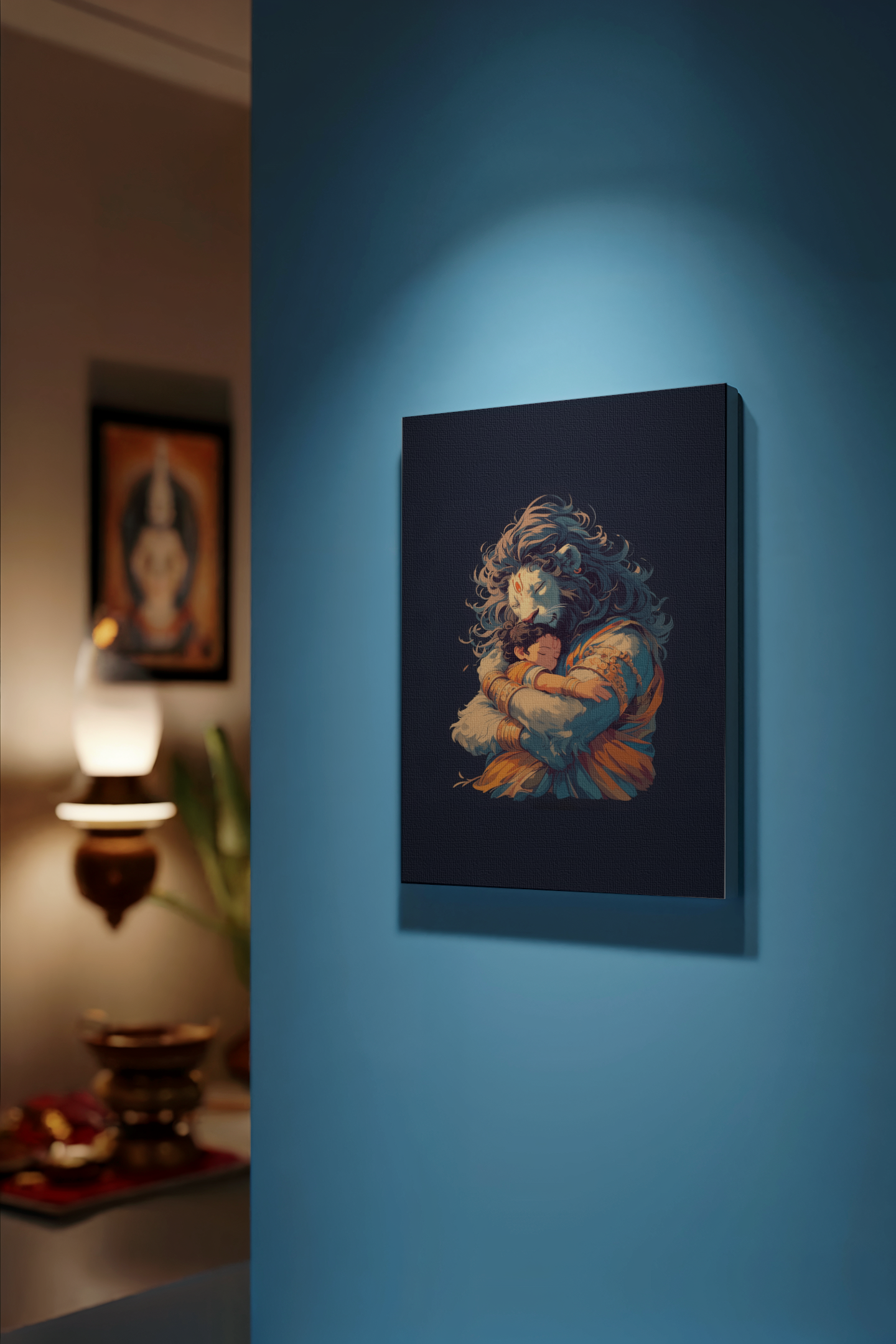 Narasimha hugging Prahlada Canvas Wall Art – Divine Hindu God Painting for Protection & Vastu Positive Energy