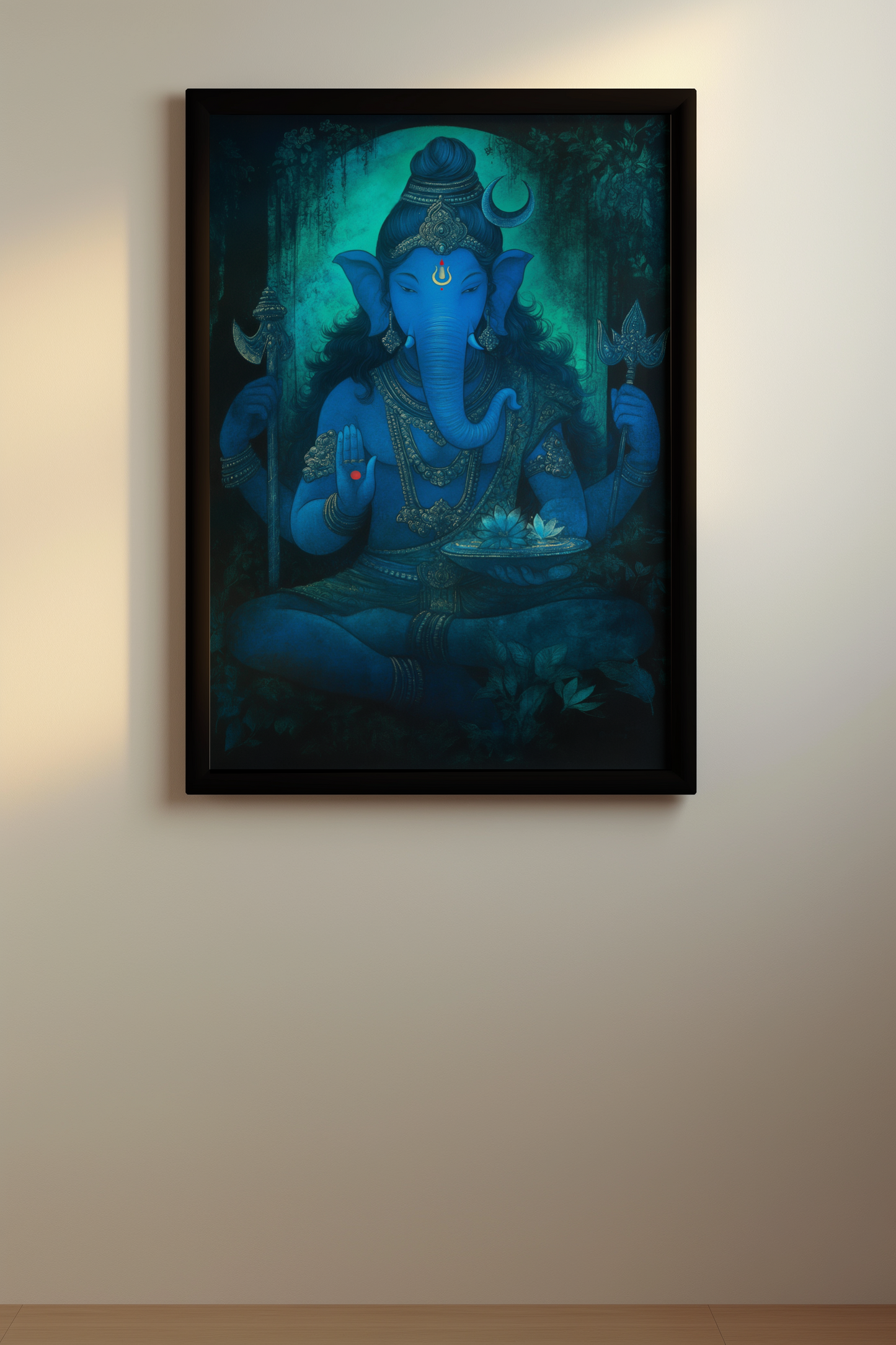 Lord Ganesha Photo Frame – Remover of Obstacles | Spiritual Wall Art for Vastu & Home Temple | Glossy Laminated Finish (No Glass) – Divine Framed Poster