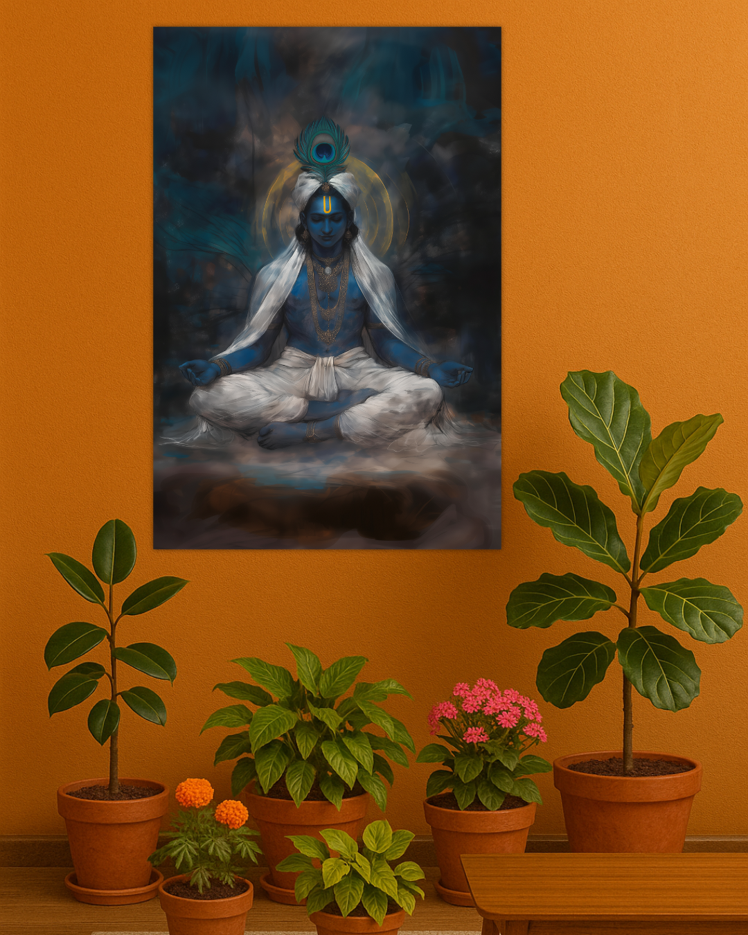 Lord Krishna Meditating Poster – Peaceful Divine Art | 300 GSM Spiritual Wall Print