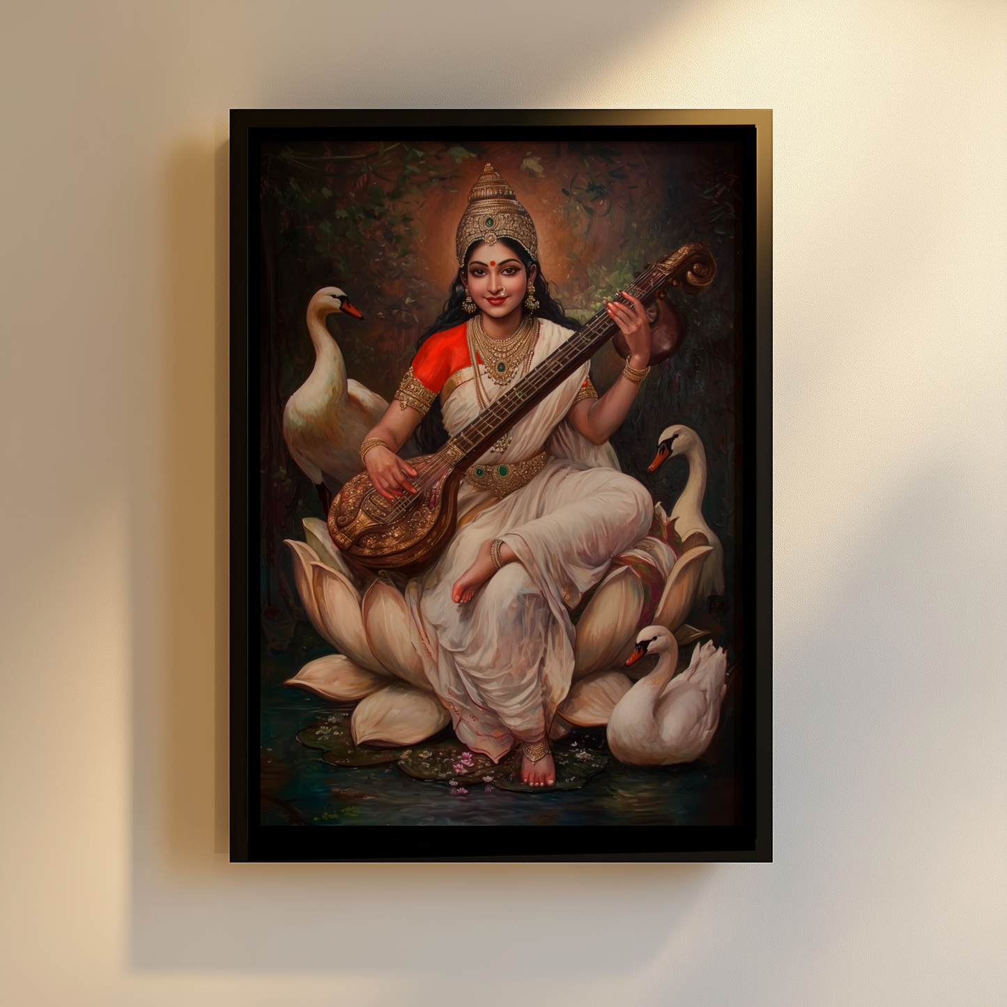 Saraswathi Devi Photo Frame | Goddess of Knowledge & Wisdom Wall Art | 300 GSM Glossy Laminated Artboard | Vastu Decorative Gift for Students & Homes