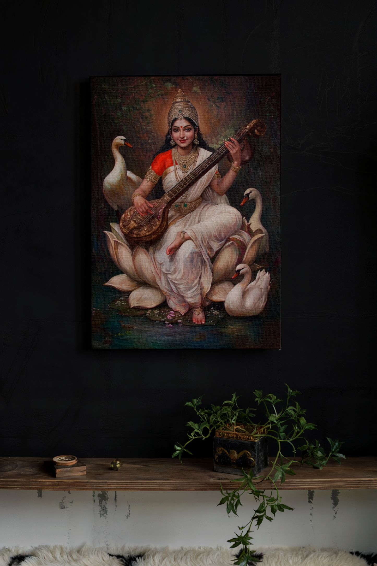 Saraswathi Devi Canvas Wall Art | Goddess of Knowledge & Music | Vastu Positive Spiritual Gift Frame