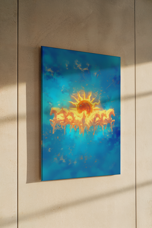 Surya Dev with Seven Horses digital painting on Stretched Canvas– Vastu Positive Sun God Wall Art for Home & Office