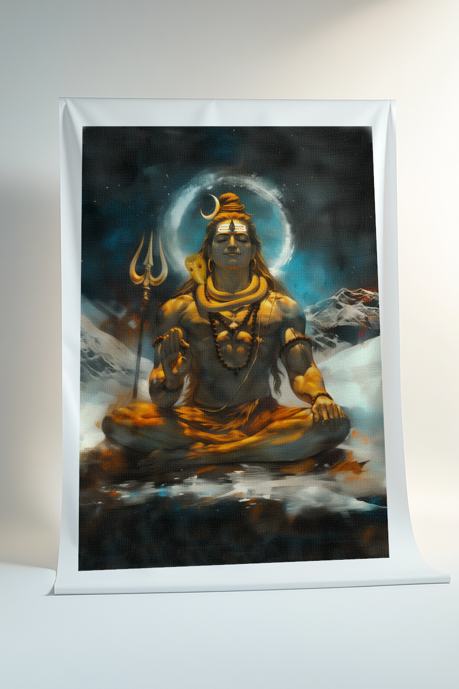 Lord Shiva Rolled Canvas Print – Meditative Hindu Wall Art for Spiritual and Pooja Room Decor