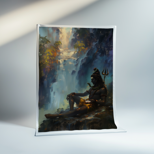 Lord Shiva Peaceful Sitting Beside Waterfall – Serene Canvas Print roll for Spiritual Decor