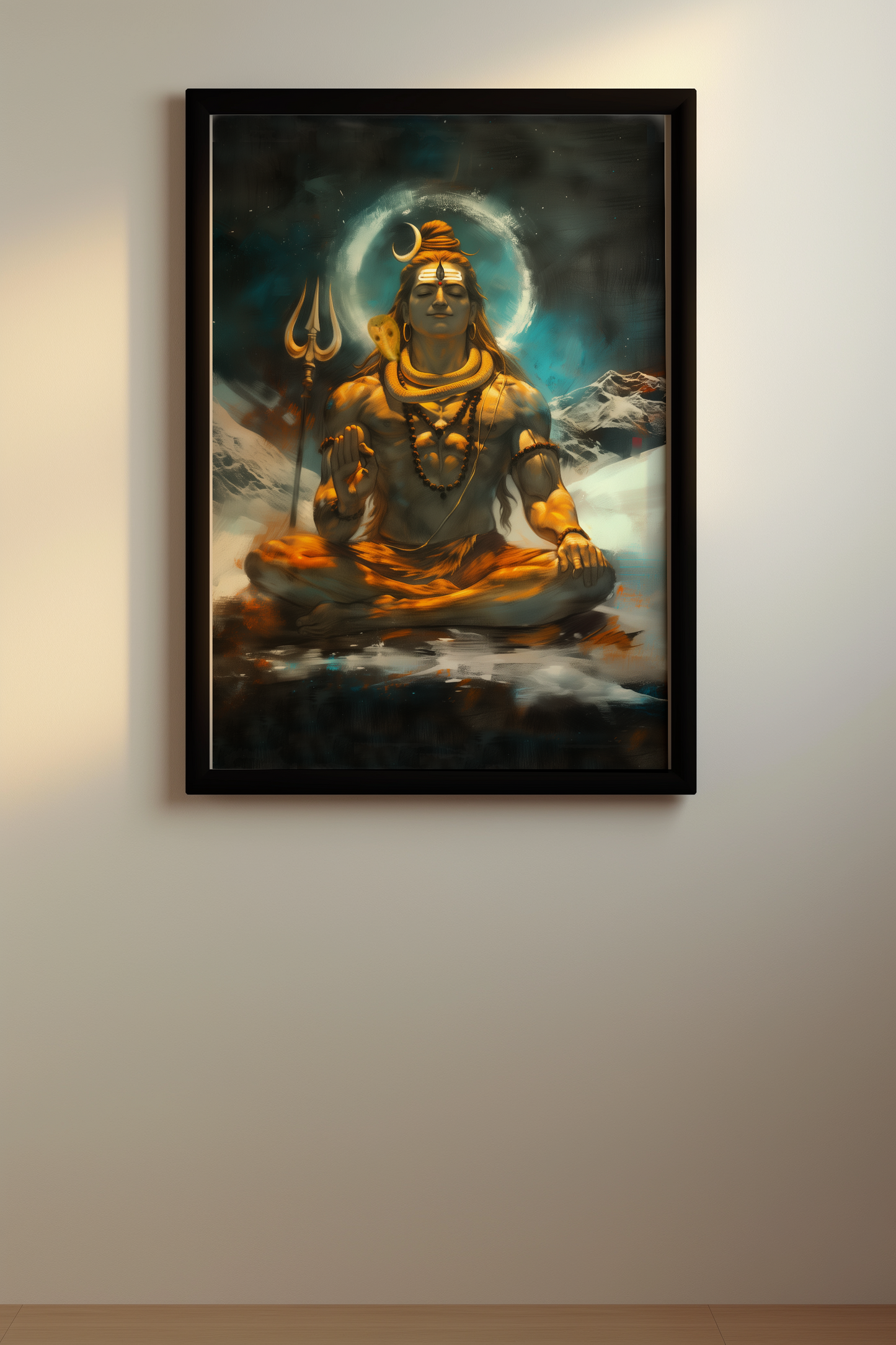 Lord Shiva Photo Frame – Meditative Abstract Wall Art | Glossy Laminated Poster (No Glass) for Vastu & Spiritual Decor | Tranquil Mahadev Framed Painting