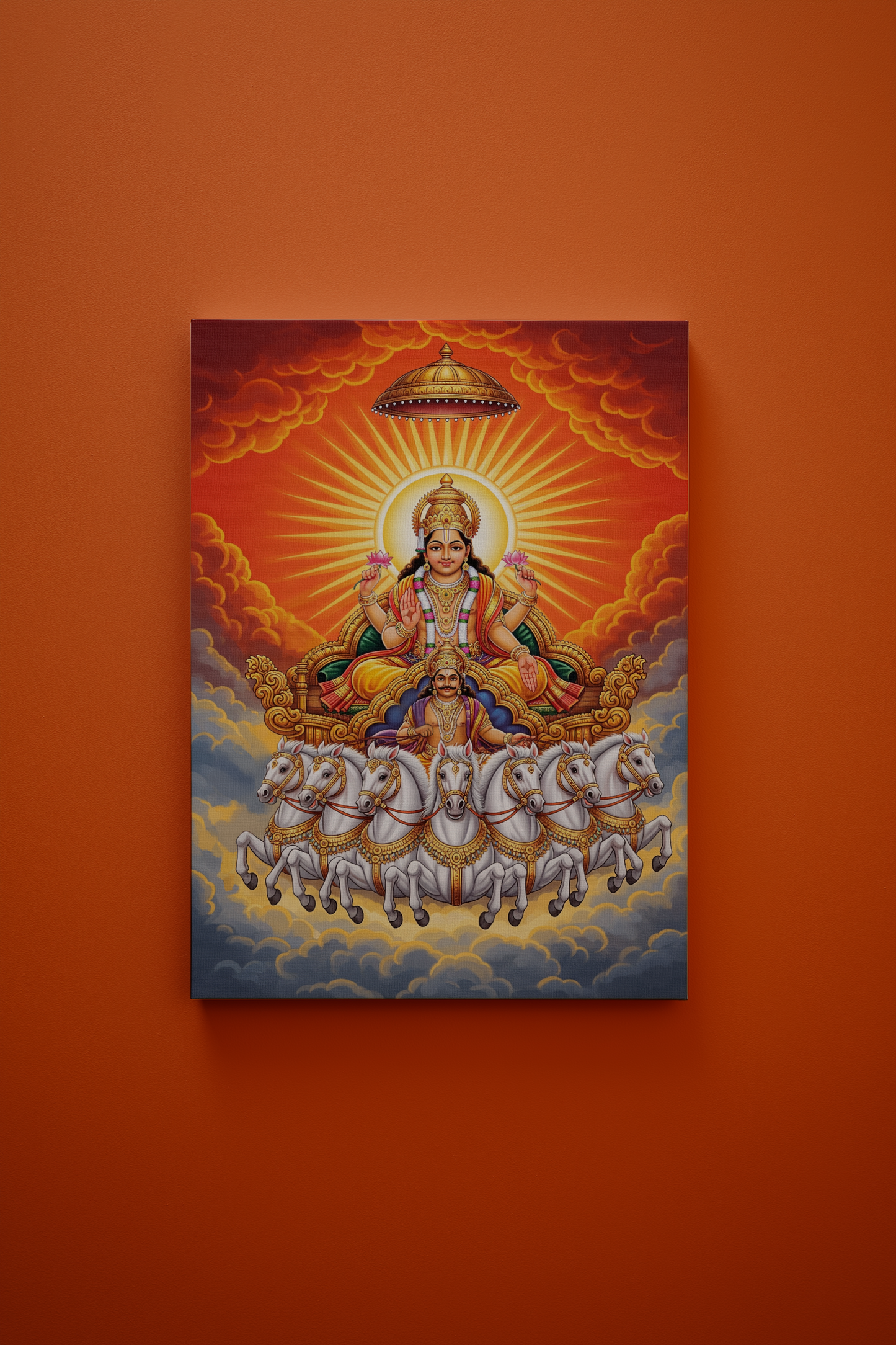 Surya Dev canvas wall art | Surya Narayana on Chariot | Vastu Positive Wall Art | PolyCanvas Spiritual Gift
