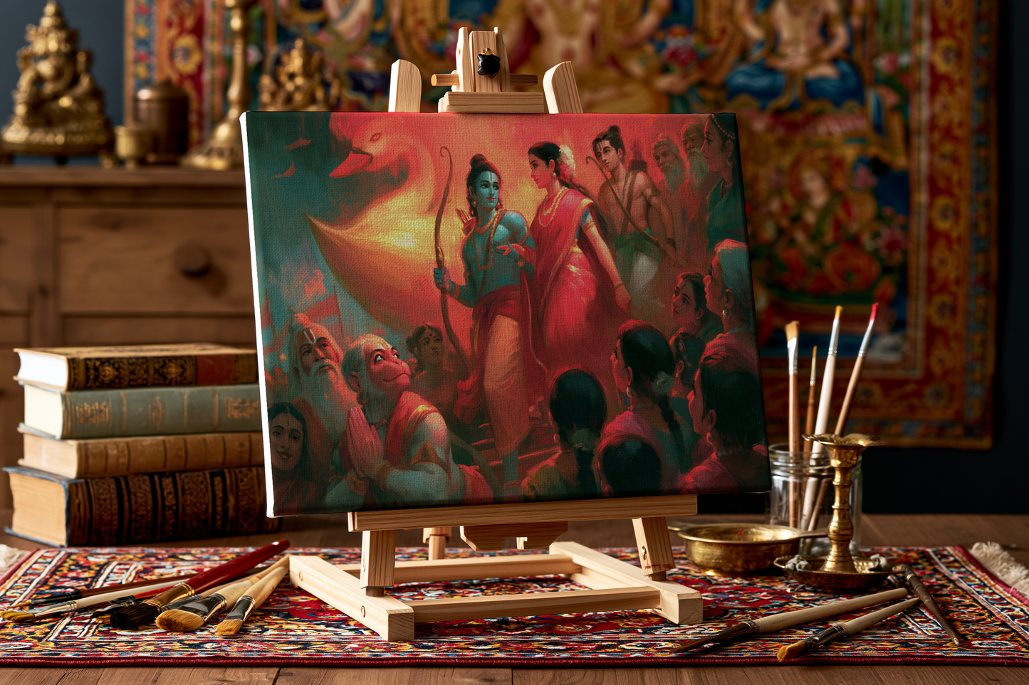Sri Rama Returns to Ayodhya in Pushpaka Vimana Canvas Frame | Premium Ramayana Wall Art | Framed Canvas | Best Spiritual Gift