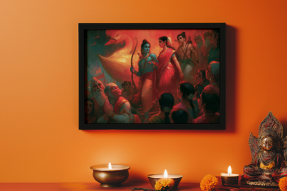 Sri Rama Returns to Ayodhya in Pushpaka Vimana Photo Frame | Ramayana Framed Wall Art | Premium Spiritual Gift