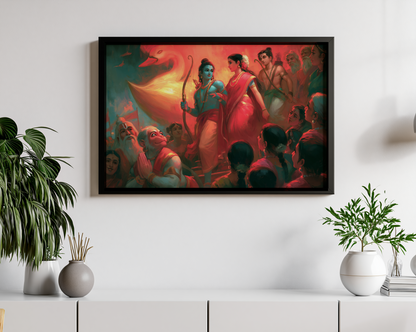 Sri Rama Returns to Ayodhya in Pushpaka Vimana Photo Frame | Ramayana Framed Wall Art | Premium Spiritual Gift