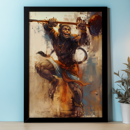Sri Hanuman Dancing in Devotion to Lord Rama Photo Frame | Vastu Positive Wall Art | Spiritual Gift | Premium Laminated Glossy Finish