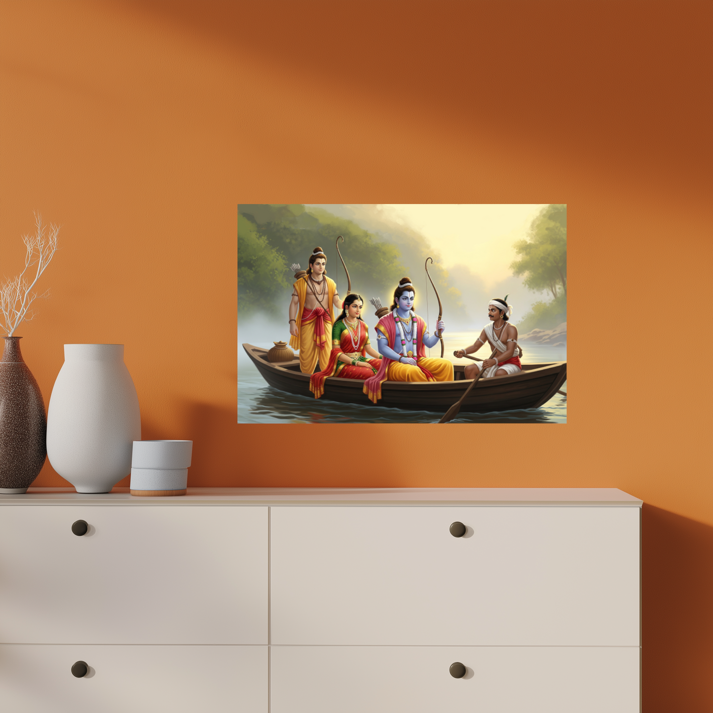 Sri Rama, Sita devi, Lakshmana with Guha in a boat Poster – Ramayana Scene poster | 300 GSM premium art poster