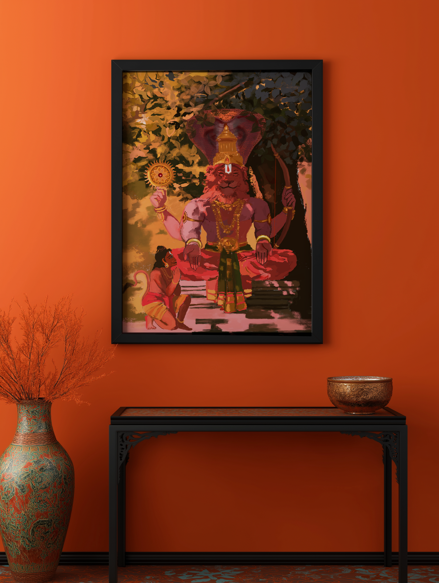 Karanja Narasimha Swamy Photo Frame | Ahobilam Nava Narasimha with Hanuman | Sri Rama Bow & Sudarshana Chakra | Hindu Devotional Wall Art