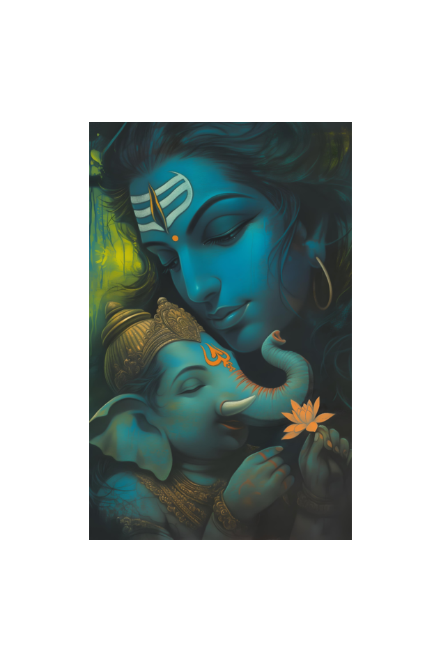 Divine Union: Digital Art of Shiva and Ganesha - A4 Framed Poster