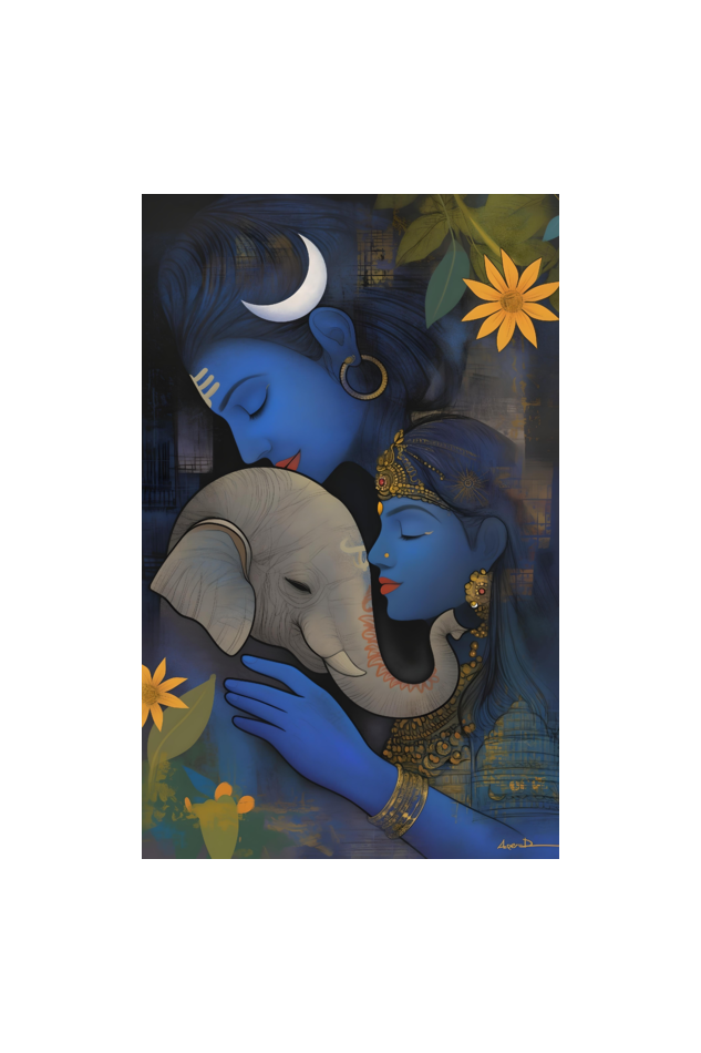 Divine Family: Digital Art of Lord Ganesha with Shiva and Parvati - A4 Framed Poster