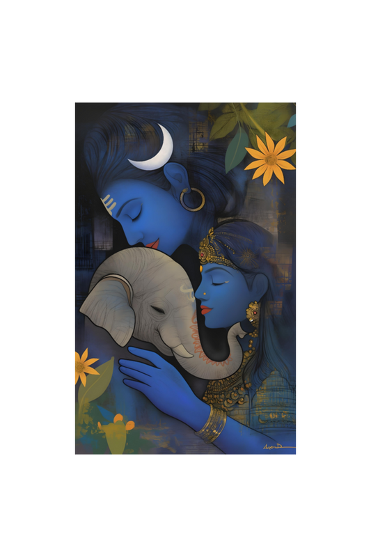 Divine Family: Digital Art of Lord Ganesha with Shiva and Parvati - A4 Framed Poster