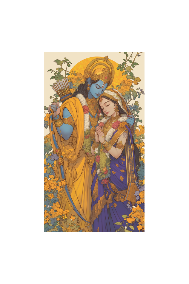 Divine Love: Digital Art of Lord Rama and Sita - A4 Framed Poster