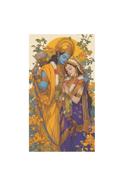Divine Love: Digital Art of Lord Rama and Sita - A4 Framed Poster