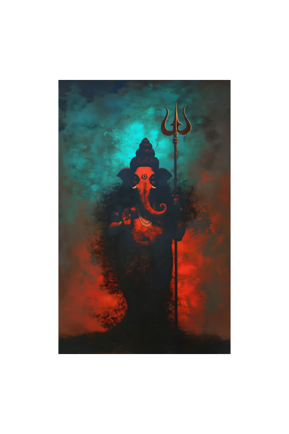 Divine Ganesha Holding Trishula – A4 Framed Poster (8.27 x 11.69 inches)