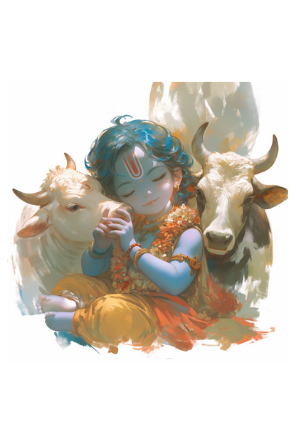 Krishna with Cows Painting Poster – Divine Wall Decor for Devotees