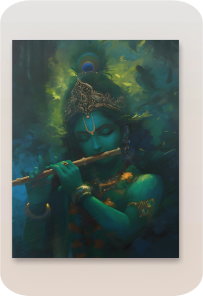 Lord Krishna Playing Flute Metallic Poster – Perfect Devotional Wall Decor and Gift for Devotees