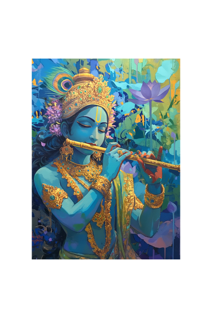 Lord Krishna Playing Flute Photo Frame 18x24 Inches | Divine Wall Art for Living Room | Krishna Devotional Gift