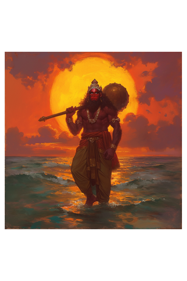 Hanuman Digital Art photo frame | Bajrangbali Standing Pose with Sea Background | Divine Wall Decor