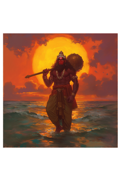 Hanuman Digital Art photo frame | Bajrangbali Standing Pose with Sea Background | Divine Wall Decor