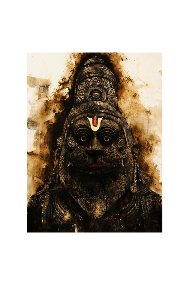 Divine Abstract Face Art of Yoga Narasimha Swamy | 18x24 Inch Frame with Glossy Print Protection | Spiritual Wall Decor for Pooja and Meditation Rooms