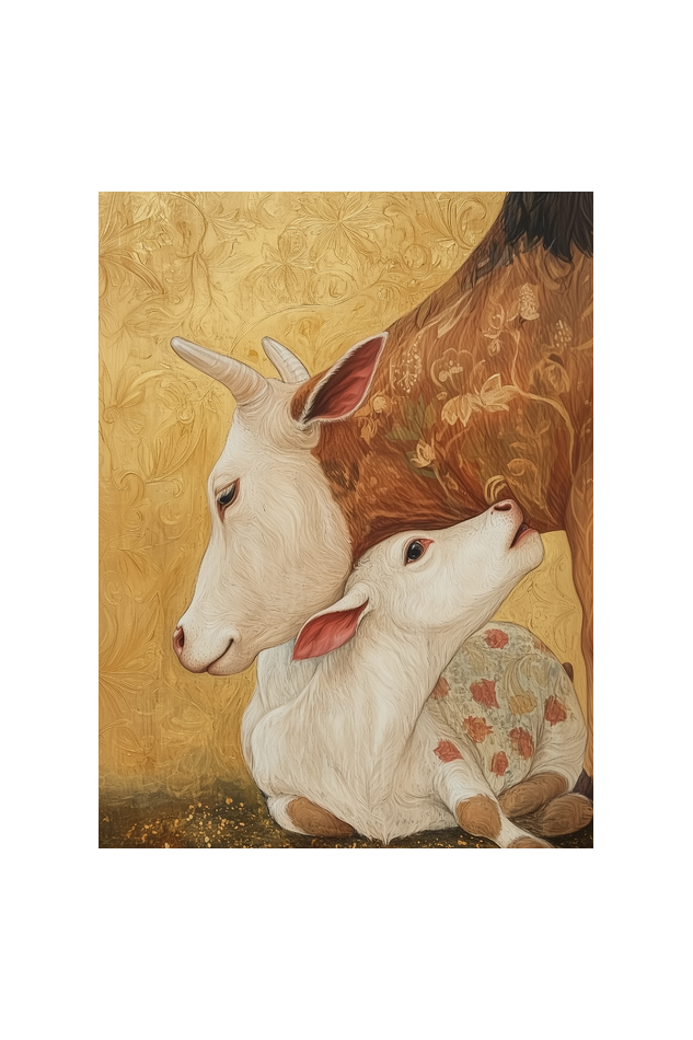 Kamdhenu Cow with Calf Photo Frame | 18x24 Inch Glossy Print Frame | Divine Wall Decor for Pooja Rooms and Spiritual Gifts