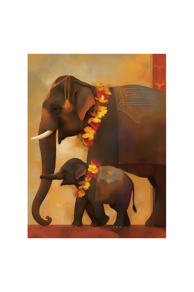 Temple Elephant with Calf Photo Frame | 18x24 Inch Glossy Print Frame | Divine Wall Art for Pooja Rooms and Indian Decor