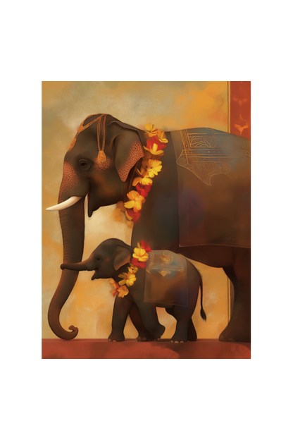 Temple Elephant with Calf Photo Frame | 18x24 Inch Glossy Print Frame | Divine Wall Art for Pooja Rooms and Indian Decor