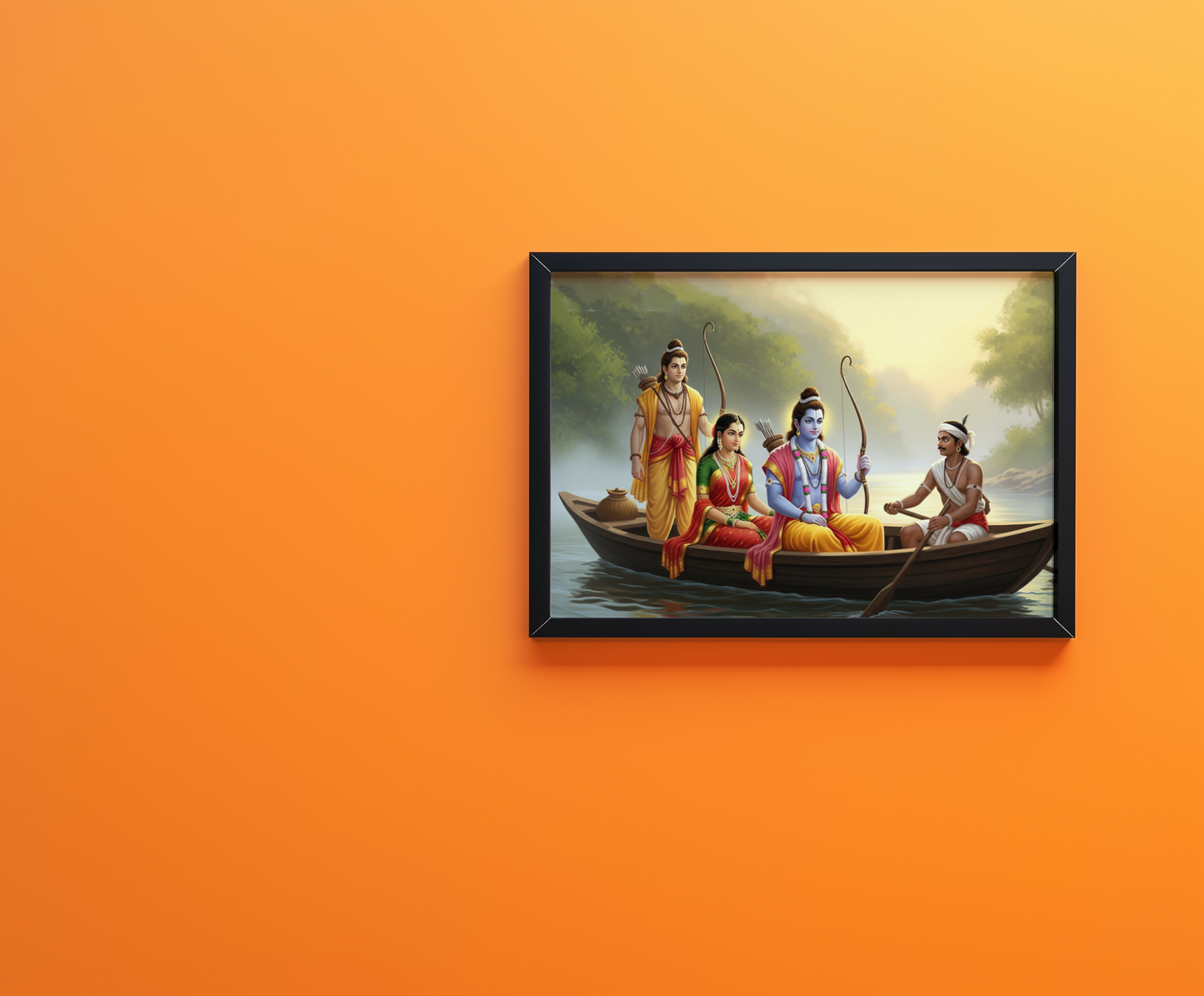 Sri Rama, Sita Devi, Lakshmana with Guha in a Boat Photo Frame | Ramayana Scene | 300 GSM Glossy Laminated Artboard | Vastu Wall Frame & Spiritual Gift